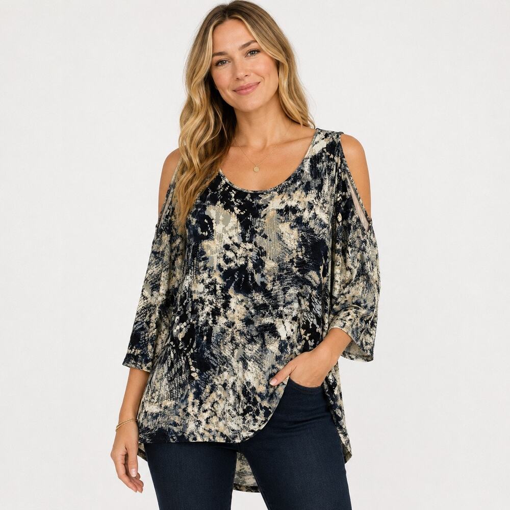 C&G Knit Shirt Womens 1X Black White Scoop Neck Comfy Cold Shoulder 3/4 Sleeve